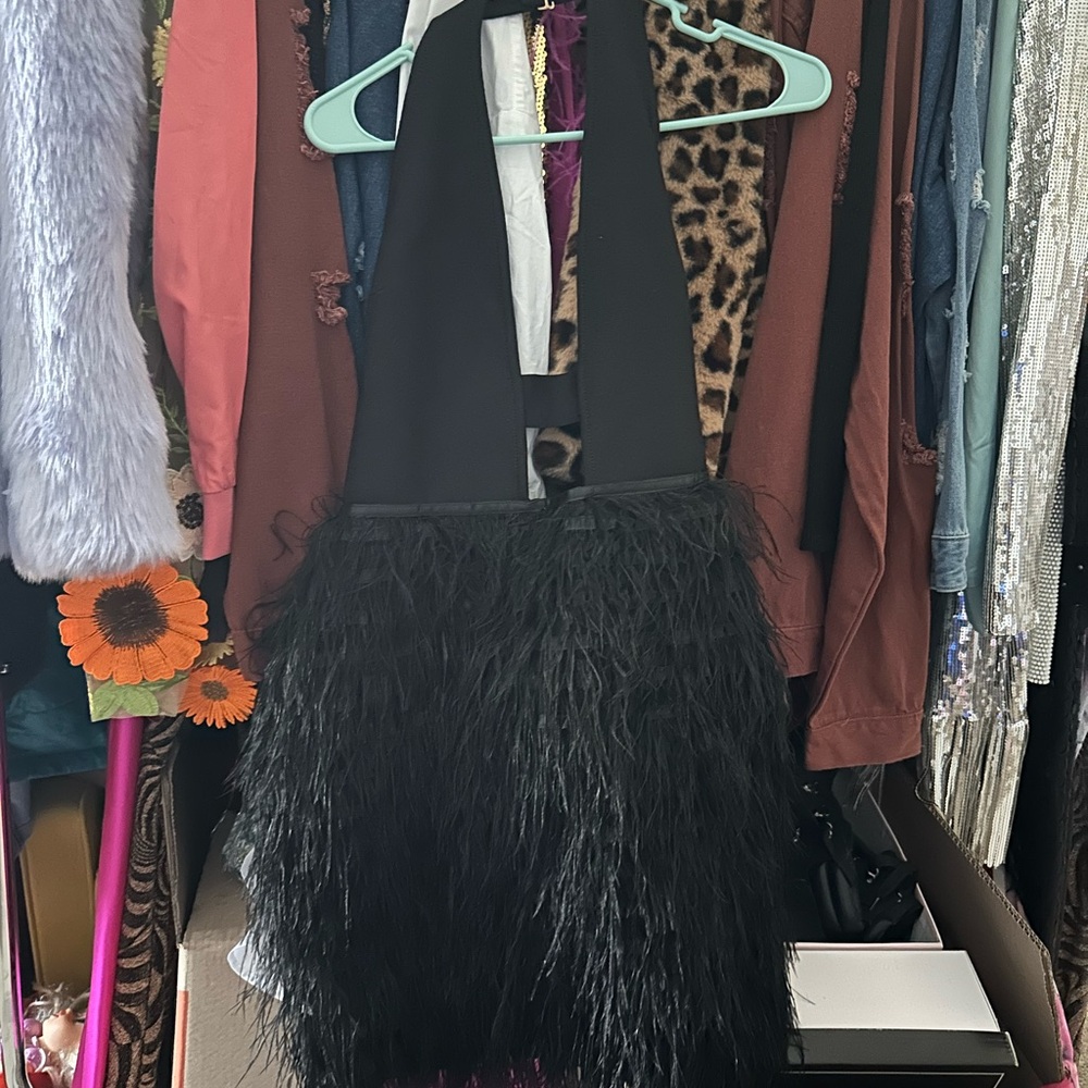 Black Feathered Halter Mini Dress